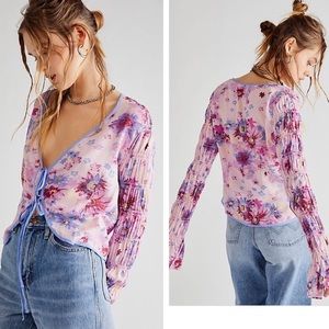 Free People Top Venice Floral Tie Front Purple Pink Blue Long Sleeve Revolve